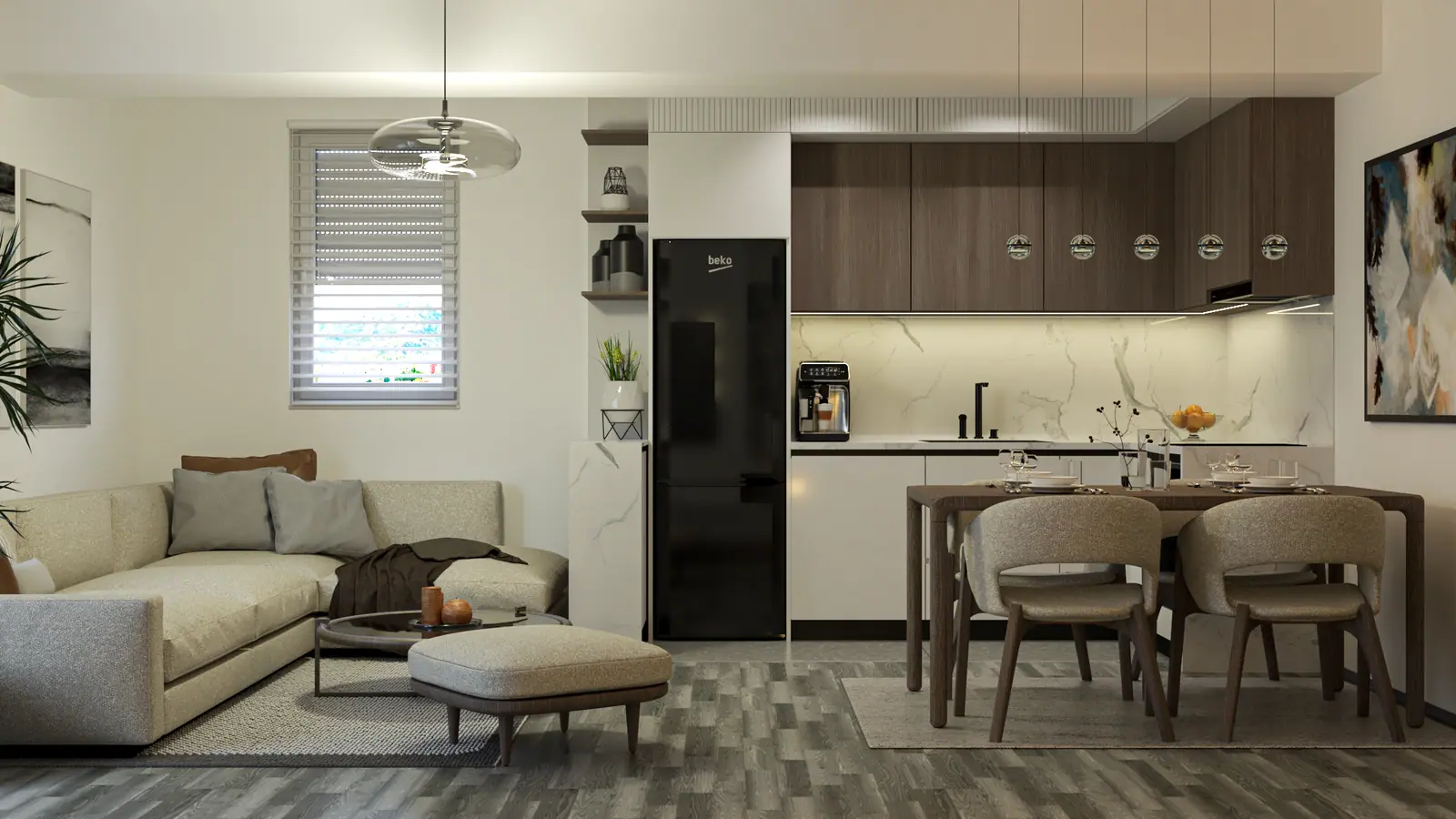 Varm minimal öppen planlösning